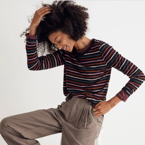 Madewell Whisper Cotton Rib-Crewneck Long-Sleeve Tee in Ryley Stripe - Picture 1 of 4